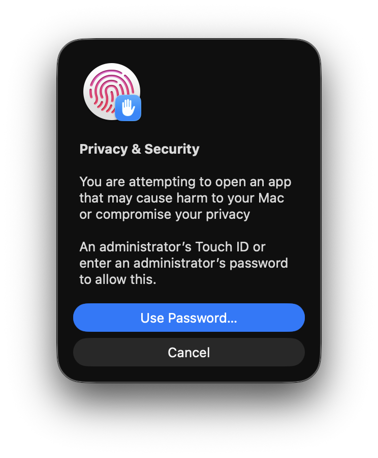 The macOS approval screen with the Use Password button